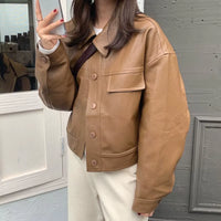 Korea Chic Autumn Vintage Faux Leather Jacket Women Safari Style PU Loose Motorcycle Coats Lapel Buttoned Jackets Outerwear
