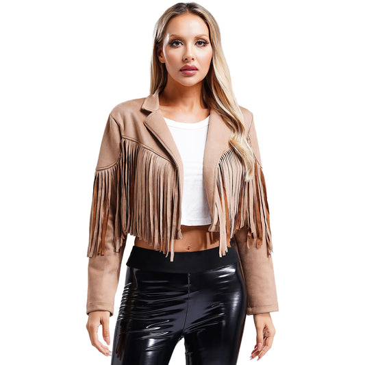 Womens Fringe Faux Suede Cropped Jackets Lapel Long Sleeve Coat Open Front Cardigan 80S Hippie Western Cowgirl Costume Outerwear