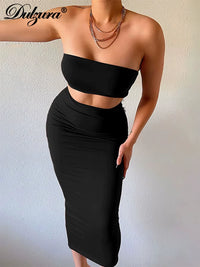 Solid Women 2 Piece Set Tube Crop Top Midi Skirt Bodycon Sexy Streetwear Party Club Elegant Matching Co Ords 2021 Summer