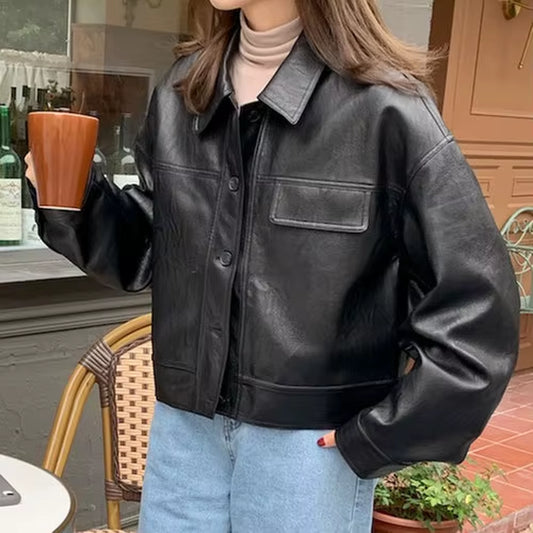 Korea Chic Autumn Vintage Faux Leather Jacket Women Safari Style PU Loose Motorcycle Coats Lapel Buttoned Jackets Outerwear