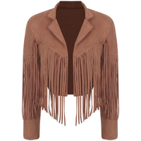 Womens Fringe Faux Suede Cropped Jackets Lapel Long Sleeve Coat Open Front Cardigan 80S Hippie Western Cowgirl Costume Outerwear