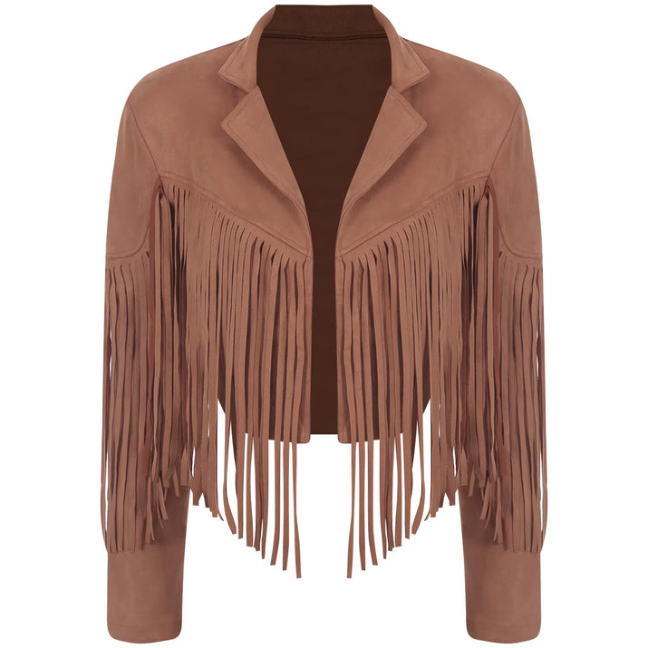 Womens Fringe Faux Suede Cropped Jackets Lapel Long Sleeve Coat Open Front Cardigan 80S Hippie Western Cowgirl Costume Outerwear