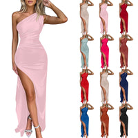Ladies' High Split Pleated Cocktail Wedding Party Dress High-End Sexy Tight One Shoulder Satin Prom Dress Bridesmaid Clothes