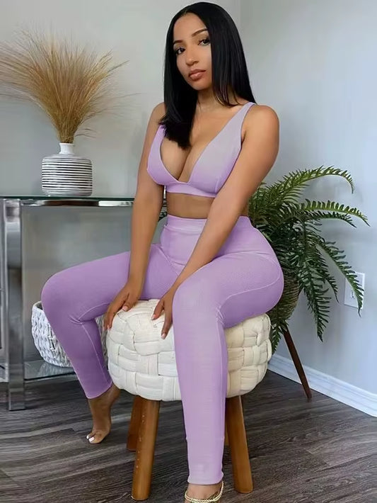Ribbed Women 2 Pieces V Neck Bra Leggings Set Crop Top Matching Co Ords 2020 Autumn Winter Clothes Sporty Tracksuit Club