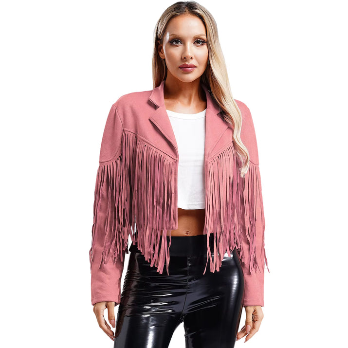 Womens Fringe Faux Suede Cropped Jackets Lapel Long Sleeve Coat Open Front Cardigan 80S Hippie Western Cowgirl Costume Outerwear