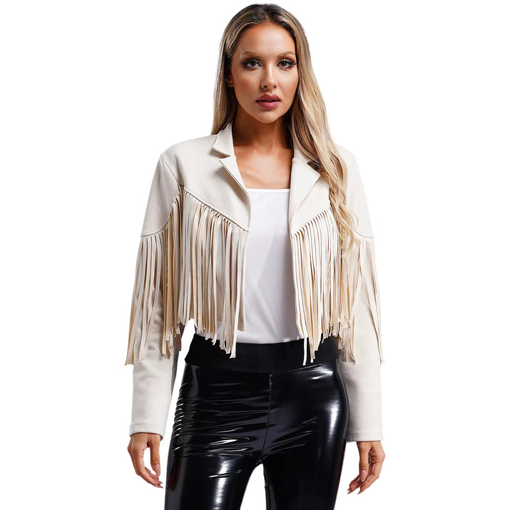 Womens Fringe Faux Suede Cropped Jackets Lapel Long Sleeve Coat Open Front Cardigan 80S Hippie Western Cowgirl Costume Outerwear