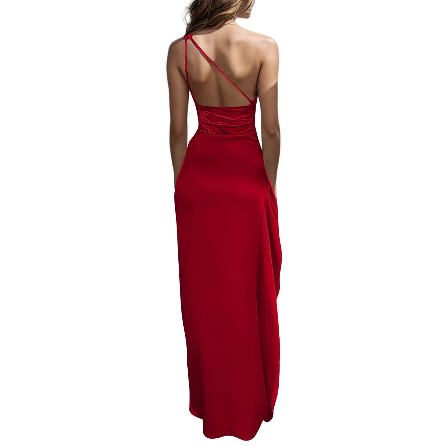 Ladies' High Split Pleated Cocktail Wedding Party Dress High-End Sexy Tight One Shoulder Satin Prom Dress Bridesmaid Clothes