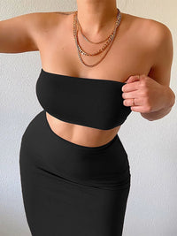 Solid Women 2 Piece Set Tube Crop Top Midi Skirt Bodycon Sexy Streetwear Party Club Elegant Matching Co Ords 2021 Summer