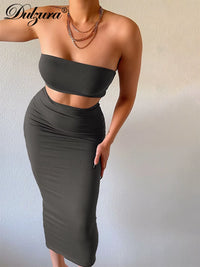 Solid Women 2 Piece Set Tube Crop Top Midi Skirt Bodycon Sexy Streetwear Party Club Elegant Matching Co Ords 2021 Summer