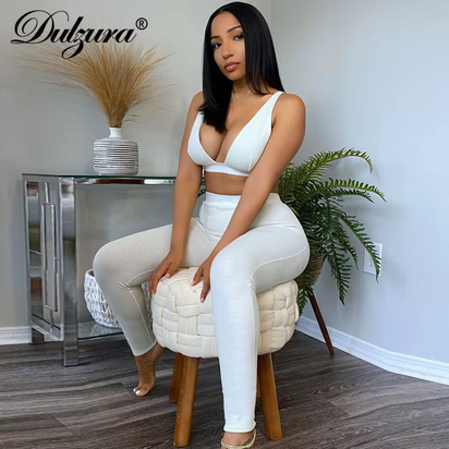 Ribbed Women 2 Pieces V Neck Bra Leggings Set Crop Top Matching Co Ords 2020 Autumn Winter Clothes Sporty Tracksuit Club