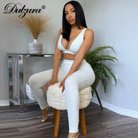 Ribbed Women 2 Pieces V Neck Bra Leggings Set Crop Top Matching Co Ords 2020 Autumn Winter Clothes Sporty Tracksuit Club