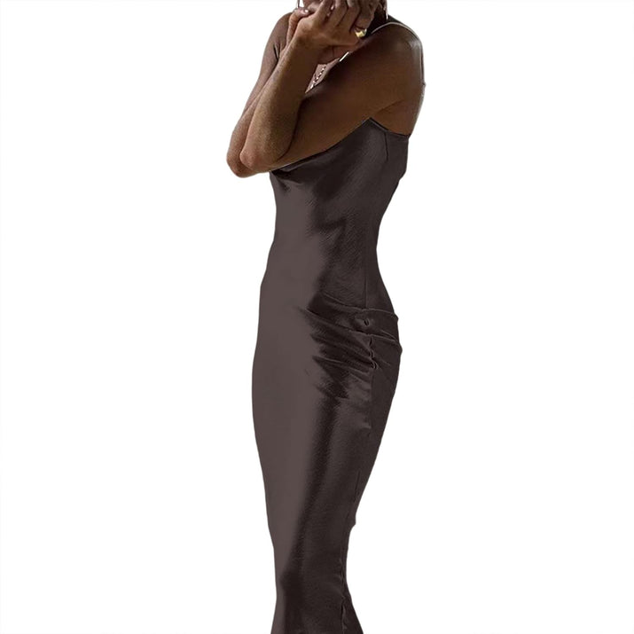 Spaghetti Strap Stain Elegant Cocktail Midi Dress Backless Lace up Formal Long Dresses Evening Bodycon Party Dress for Women Wedding Guest Black M