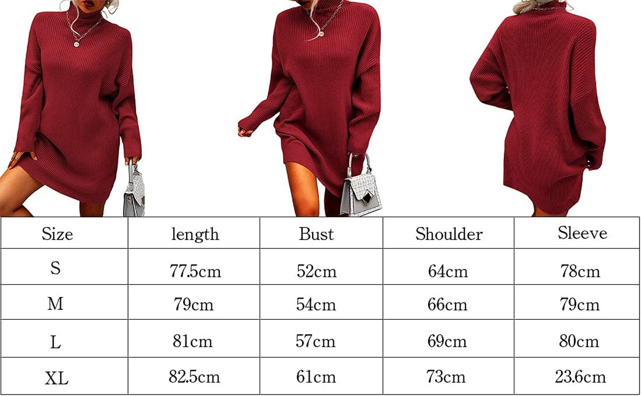 Womens Turtleneck Oversized Sweaters Dress Long Sleeve Drop Shoulder Pullover Loose Knit Dresses Red