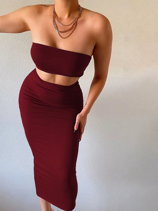 Solid Women 2 Piece Set Tube Crop Top Midi Skirt Bodycon Sexy Streetwear Party Club Elegant Matching Co Ords 2021 Summer