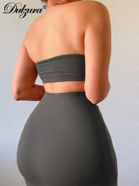 Solid Women 2 Piece Set Tube Crop Top Midi Skirt Bodycon Sexy Streetwear Party Club Elegant Matching Co Ords 2021 Summer