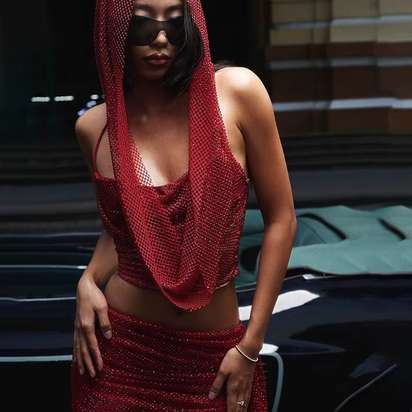 Women Hooded Crop Top and Asymmetrical Skirt Sparkling Mesh 2 Piece Short Sets Sexy Rave Outfits Summer Co Ords