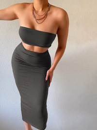 Solid Women 2 Piece Set Tube Crop Top Midi Skirt Bodycon Sexy Streetwear Party Club Elegant Matching Co Ords 2021 Summer