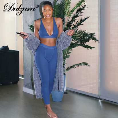 Ribbed Women 2 Pieces V Neck Bra Leggings Set Crop Top Matching Co Ords 2020 Autumn Winter Clothes Sporty Tracksuit Club