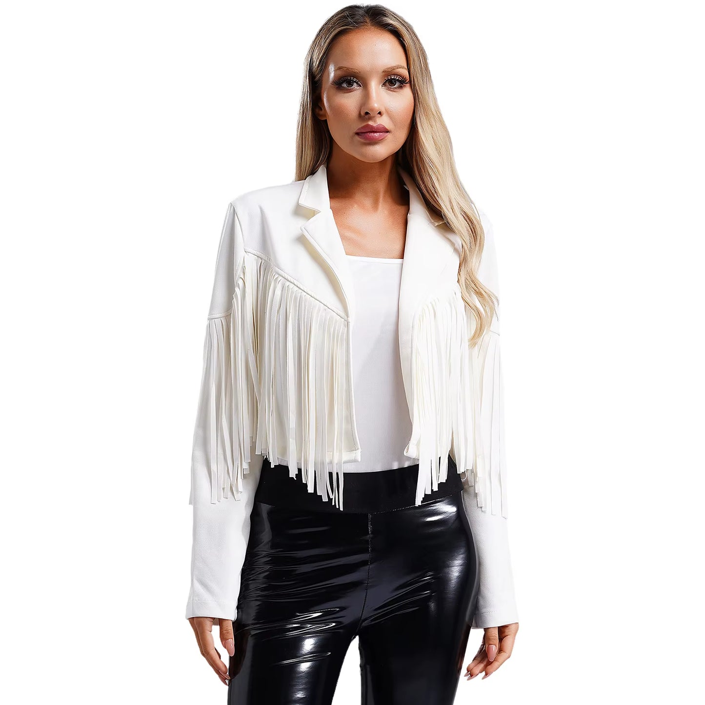 Womens Fringe Faux Suede Cropped Jackets Lapel Long Sleeve Coat Open Front Cardigan 80S Hippie Western Cowgirl Costume Outerwear