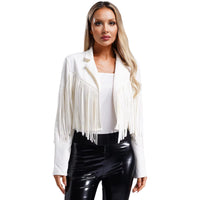 Womens Fringe Faux Suede Cropped Jackets Lapel Long Sleeve Coat Open Front Cardigan 80S Hippie Western Cowgirl Costume Outerwear