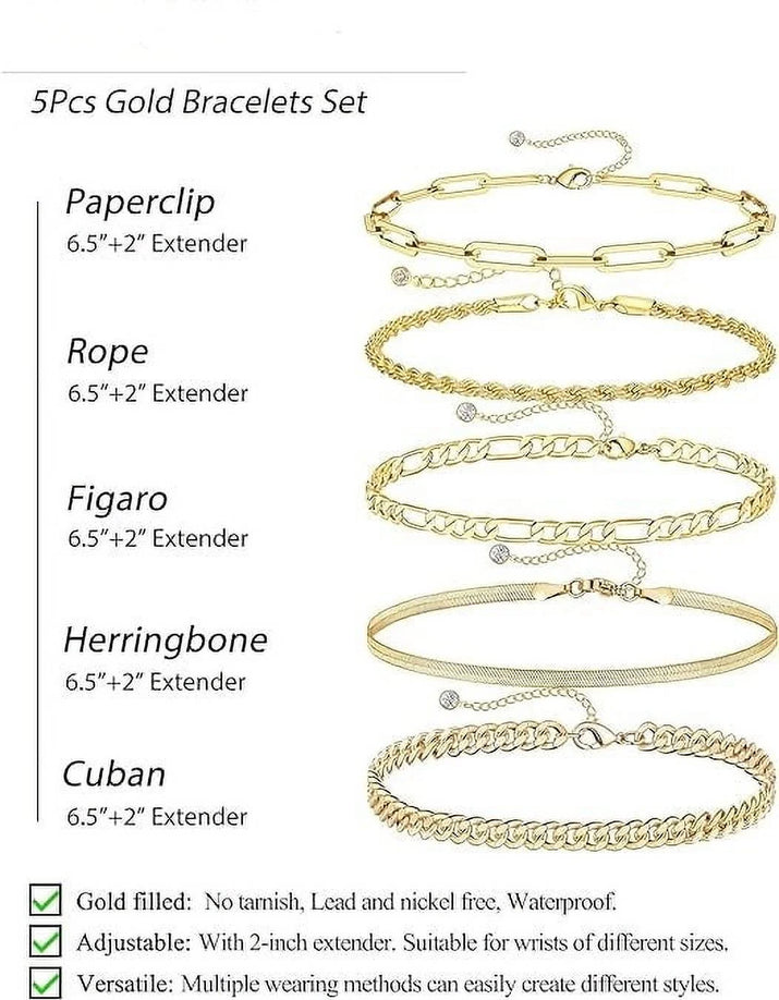Gold Bracelets for Women, 14K Gold Plated Jewelry Sets for Women Trendy Thin Dainty Stackable Cuban Link Paperclip Chain Bracelet Pack Fashion Accessories Gifts