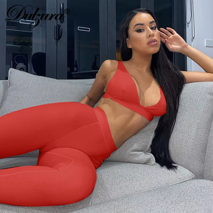 Ribbed Women 2 Pieces V Neck Bra Leggings Set Crop Top Matching Co Ords 2020 Autumn Winter Clothes Sporty Tracksuit Club
