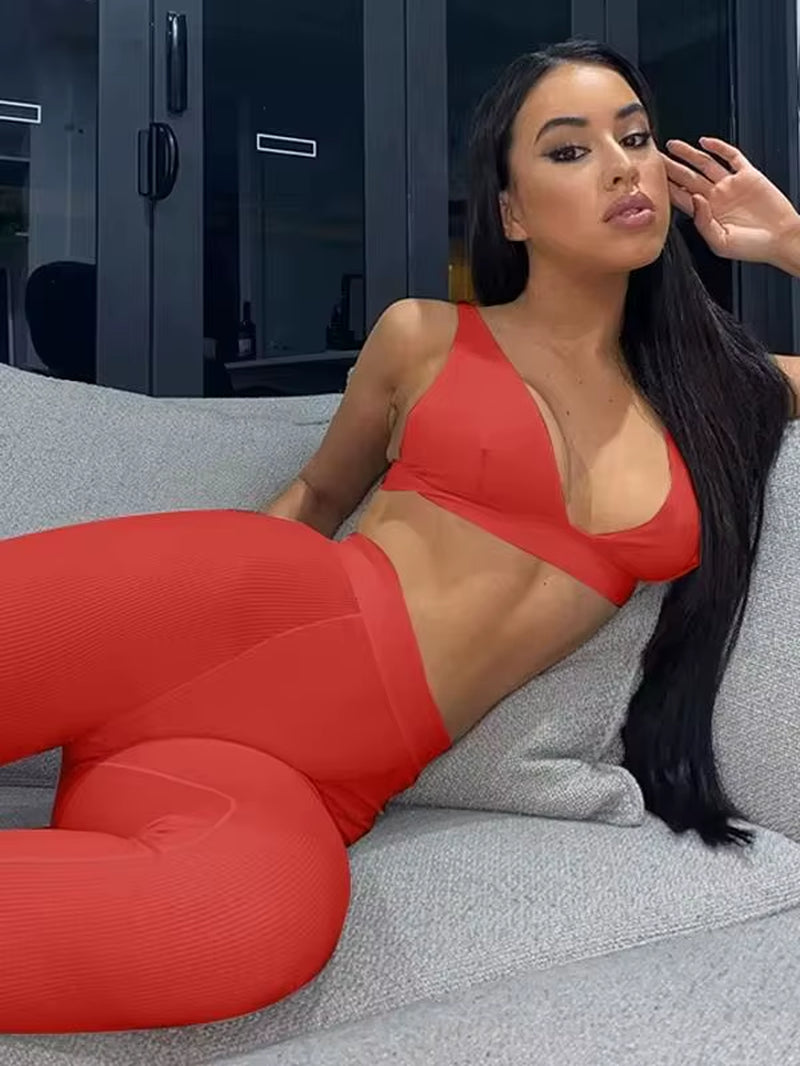 Ribbed Women 2 Pieces V Neck Bra Leggings Set Crop Top Matching Co Ords 2020 Autumn Winter Clothes Sporty Tracksuit Club