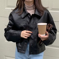 Korea Chic Autumn Vintage Faux Leather Jacket Women Safari Style PU Loose Motorcycle Coats Lapel Buttoned Jackets Outerwear