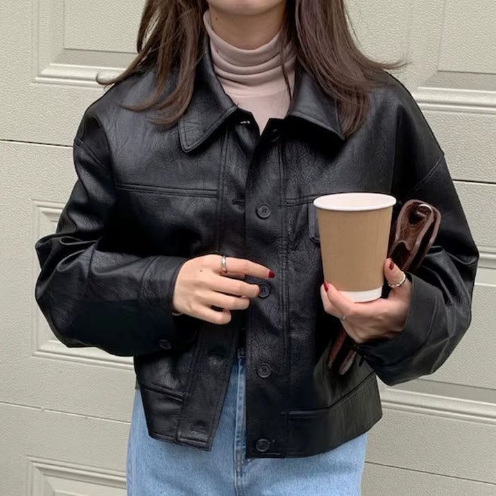 Korea Chic Autumn Vintage Faux Leather Jacket Women Safari Style PU Loose Motorcycle Coats Lapel Buttoned Jackets Outerwear