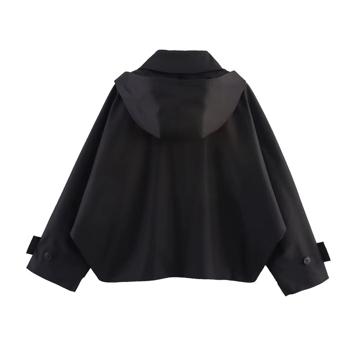 Autumn New European and American Style Hooded Long Sleeved Lapel Jacket Single Breasted Trench Coat Short Jacket