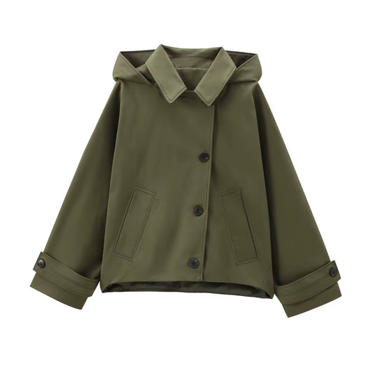 Autumn New European and American Style Hooded Long Sleeved Lapel Jacket Single Breasted Trench Coat Short Jacket