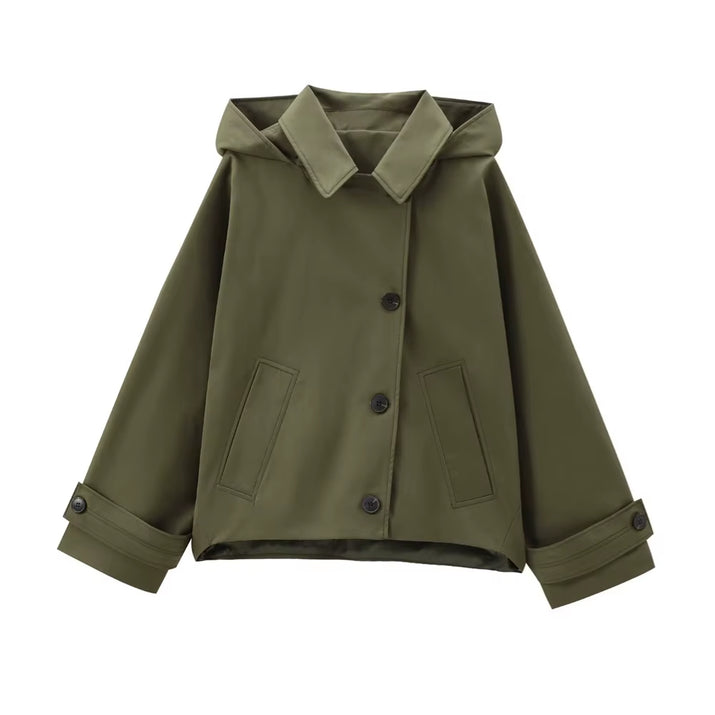 Autumn New European and American Style Hooded Long Sleeved Lapel Jacket Single Breasted Trench Coat Short Jacket