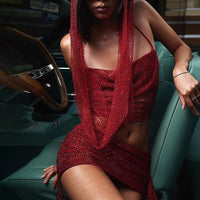 Women Hooded Crop Top and Asymmetrical Skirt Sparkling Mesh 2 Piece Short Sets Sexy Rave Outfits Summer Co Ords