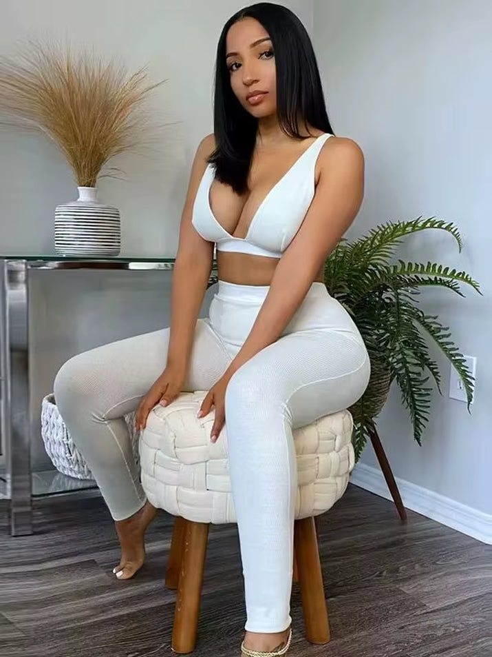 Ribbed Women 2 Pieces V Neck Bra Leggings Set Crop Top Matching Co Ords 2020 Autumn Winter Clothes Sporty Tracksuit Club