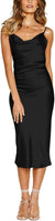 Spaghetti Strap Stain Elegant Cocktail Midi Dress Backless Lace up Formal Long Dresses Evening Bodycon Party Dress for Women Wedding Guest Black M