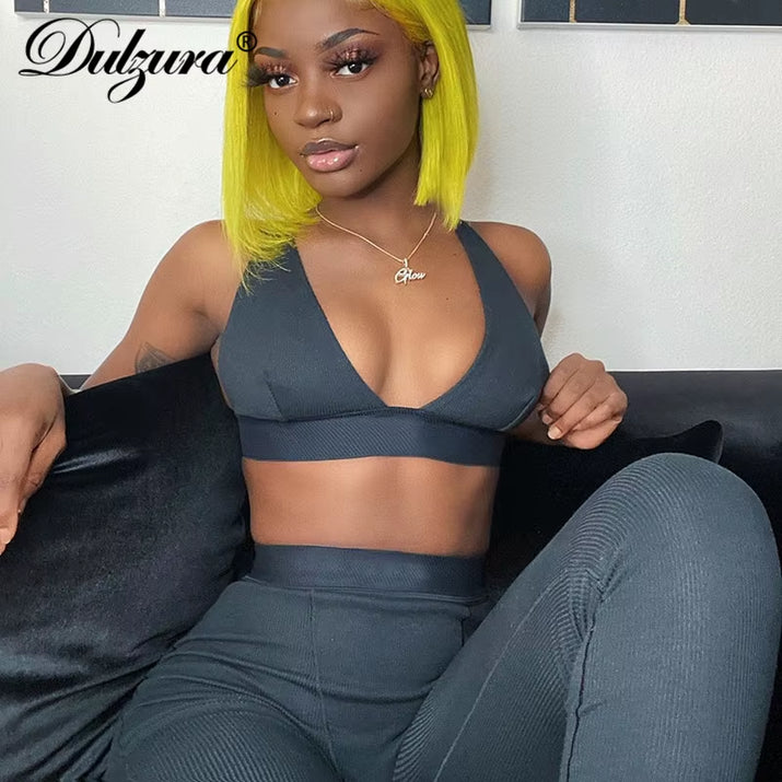 Ribbed Women 2 Pieces V Neck Bra Leggings Set Crop Top Matching Co Ords 2020 Autumn Winter Clothes Sporty Tracksuit Club