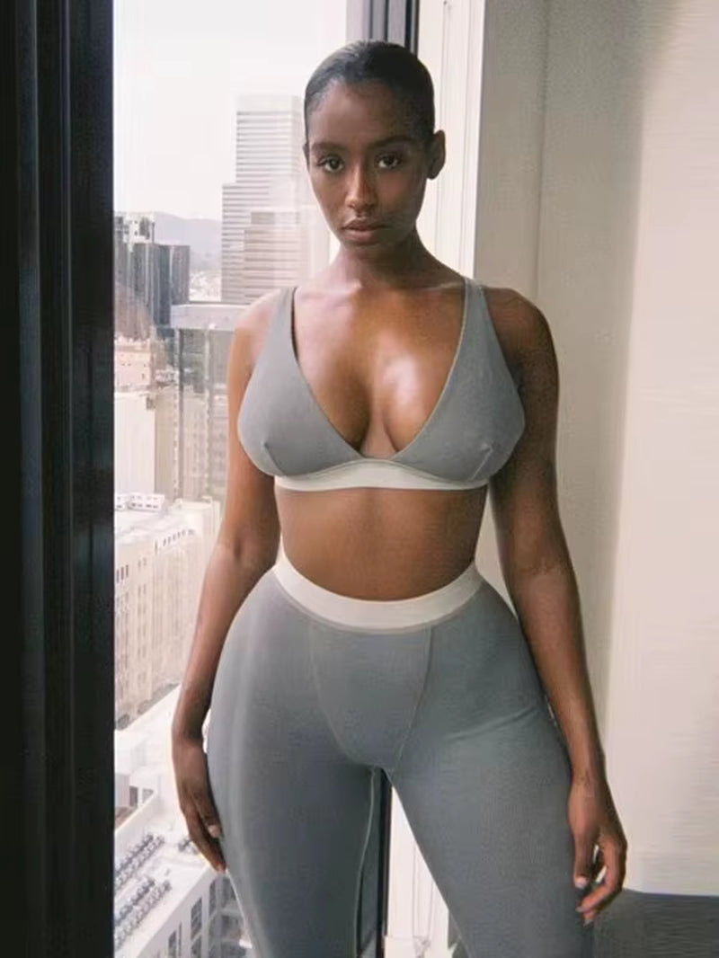 Ribbed Women 2 Pieces V Neck Bra Leggings Set Crop Top Matching Co Ords 2020 Autumn Winter Clothes Sporty Tracksuit Club