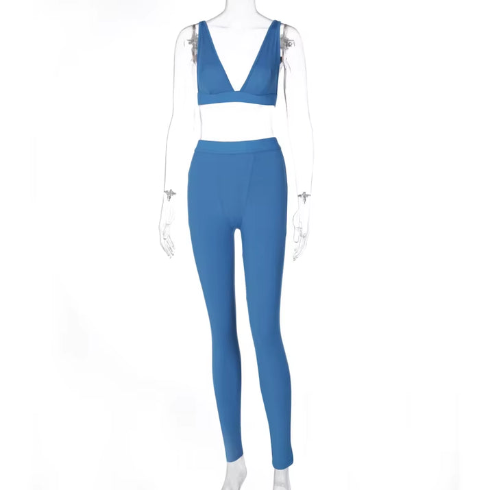 Ribbed Women 2 Pieces V Neck Bra Leggings Set Crop Top Matching Co Ords 2020 Autumn Winter Clothes Sporty Tracksuit Club