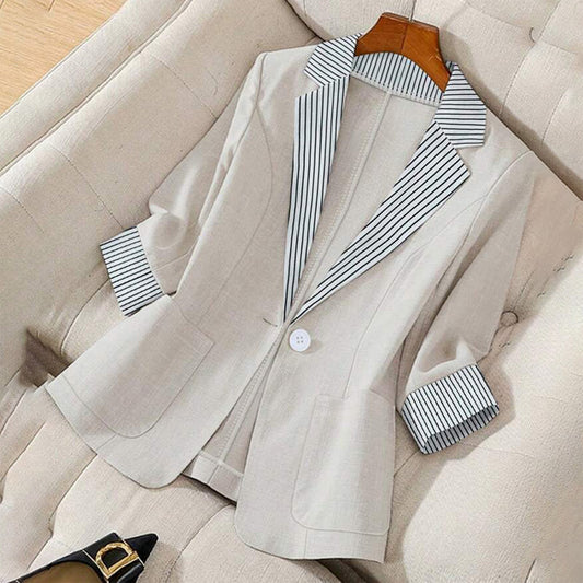 Women'S Notched Lapel Single-Breasted Minimalist Blazer Half Sleeve H-Line Jacket with Pockets Casual & Office Wear for Spring&Fall