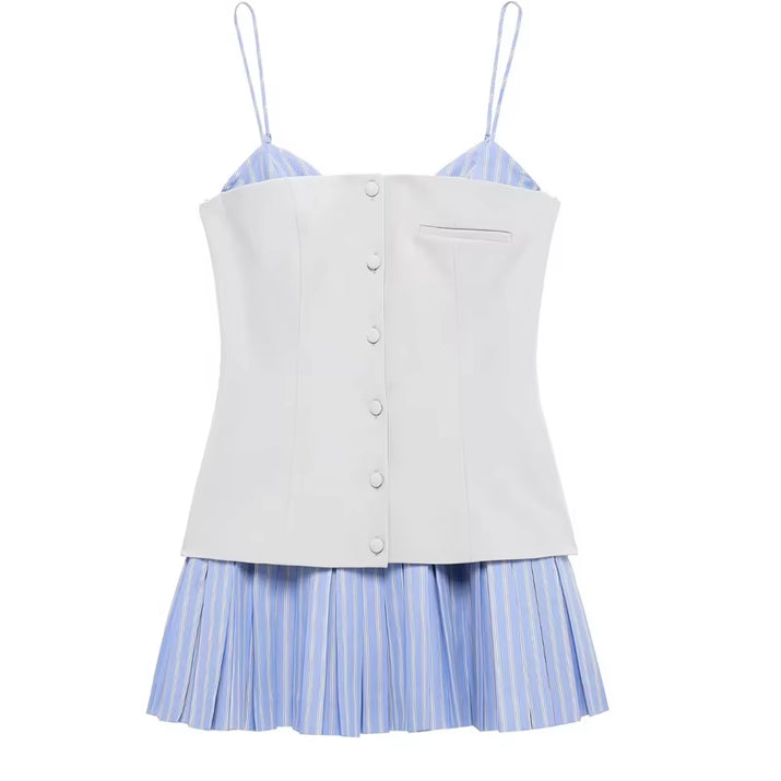 Women'S Dress 2025 Slip Striped Mini Dress Woman Patchwork Summer Sleeveless Short Dresses Pleated Backless Party Dresses