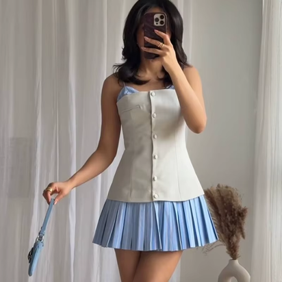 Women'S Dress 2025 Slip Striped Mini Dress Woman Patchwork Summer Sleeveless Short Dresses Pleated Backless Party Dresses