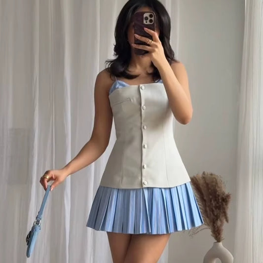 Women'S Dress 2025 Slip Striped Mini Dress Woman Patchwork Summer Sleeveless Short Dresses Pleated Backless Party Dresses