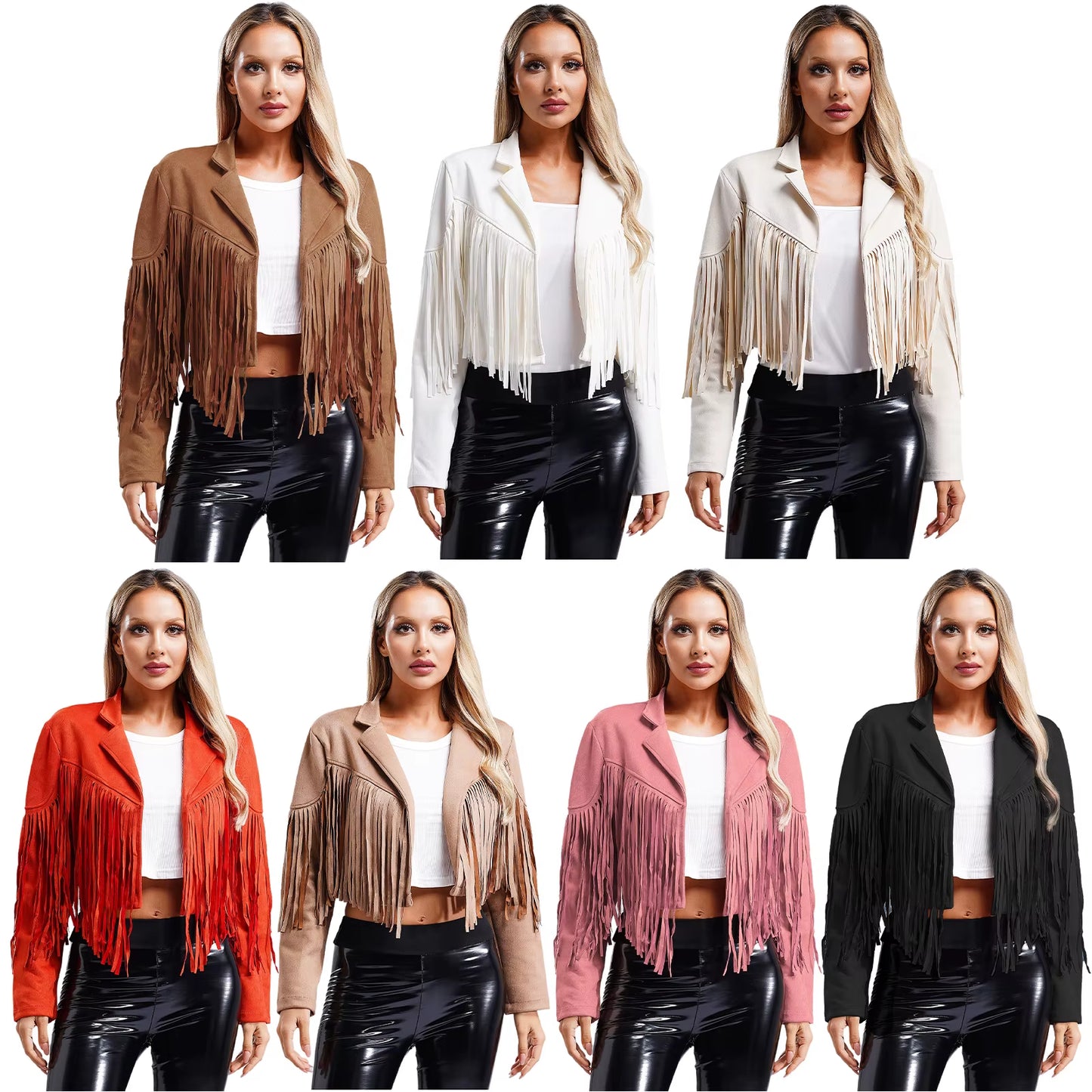 Womens Fringe Faux Suede Cropped Jackets Lapel Long Sleeve Coat Open Front Cardigan 80S Hippie Western Cowgirl Costume Outerwear